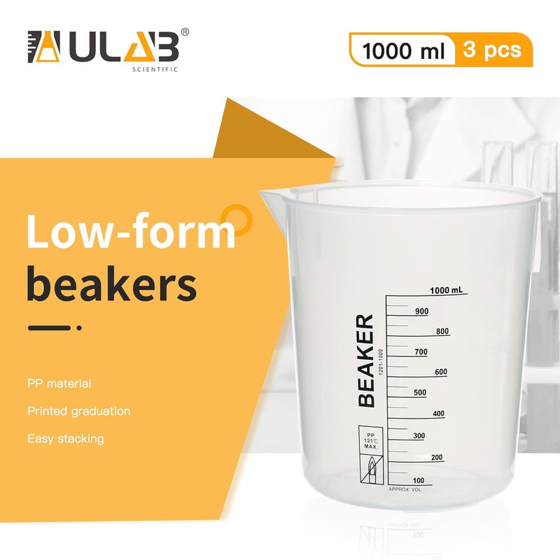 ULAB Scientific Stackable Graduated Plastic Beakers, 3pcs of 1000ml(33.8oz), with Easy-to-Read Printings in Black, UBP1014 - Image 2